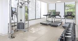 Fitness Center With Weight Machine, Large Windows, Cardio Equipment and Free Weights