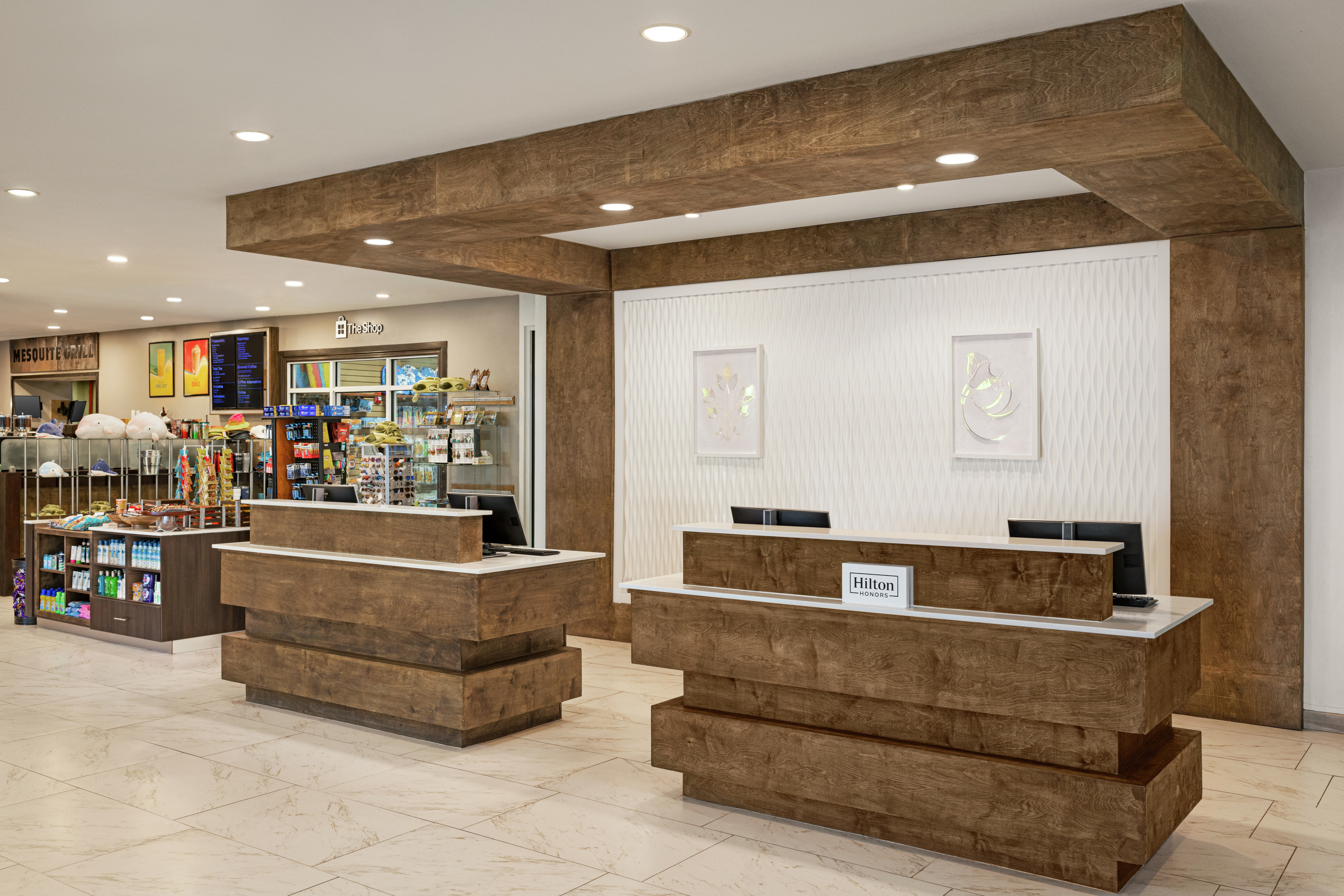 Welcoming hotel front desk and convenient on-site gift shop.