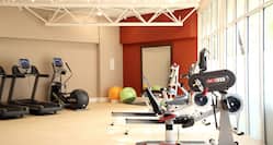 Fitness Center With Cardio Equipment, Stability Balls, and Large Mirror