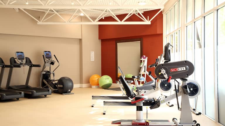 Fitness Center With Cardio Equipment, Stability Balls, and Large Mirror