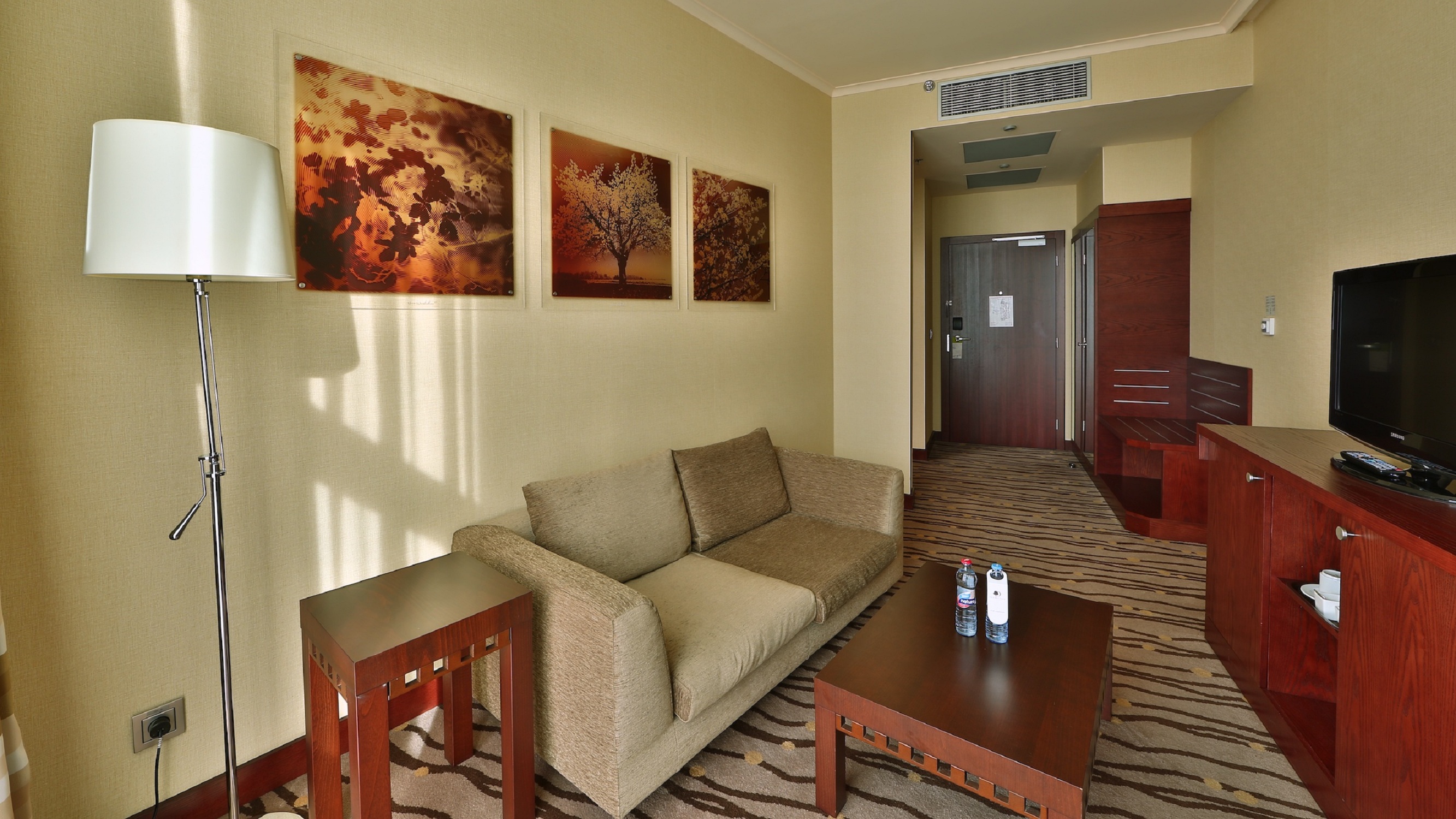 Entry, Hospitality Center, TV, Floor Lamp, Wall Art Above Sofa and Coffee Table in Suite Room