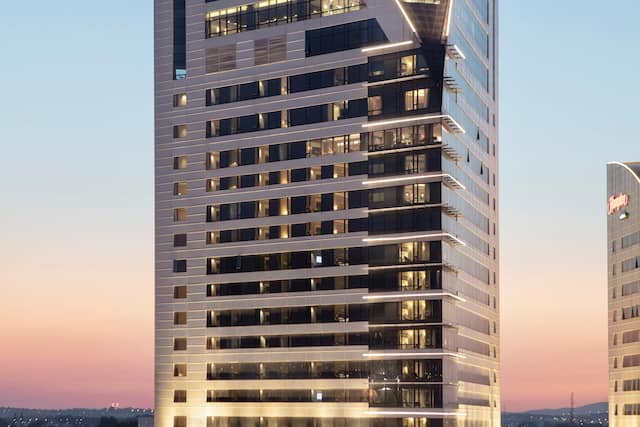 hotel exterior at dusk