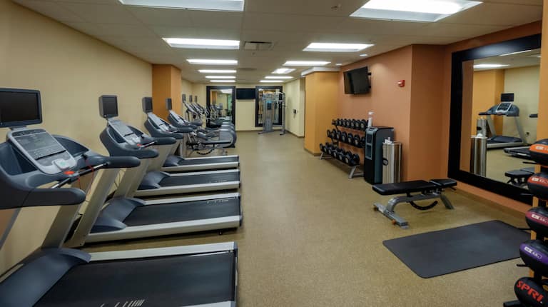 Fitness Center with Treadmills Recumbent Bikes and Weights