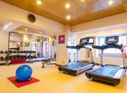 Fitness Center With Wall Clock, Large Mirror, Free Weights, Bench, Treadmills Facing Windows, and Blue Exercise Ball