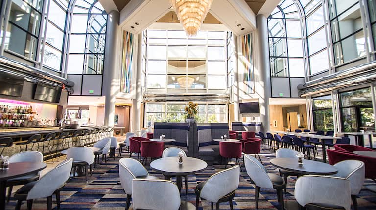 Seating in Lobby Lounge, with oversize windows.