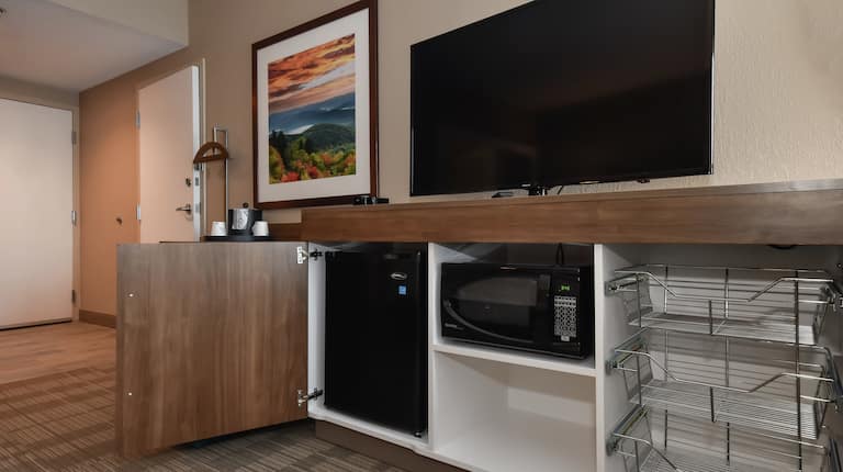 Guest room with TV, fridge, microwave and storage shelving. 