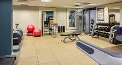 Fitness Center With Cardio Equipment, Red Exercise Balls, Large Mirrors Wall, TV, Weight Bench, Weight Machine, Weight Balls, and Free Weights, 