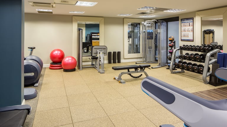 Fitness Center With Cardio Equipment, Red Exercise Balls, Large Mirrors Wall, TV, Weight Bench, Weight Machine, Weight Balls, and Free Weights, 