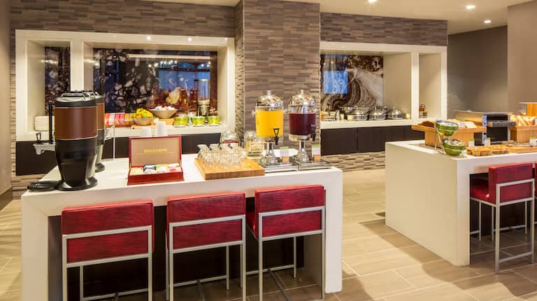 Hot and Cold Buffet and Beverage Selections in Breakfast Area