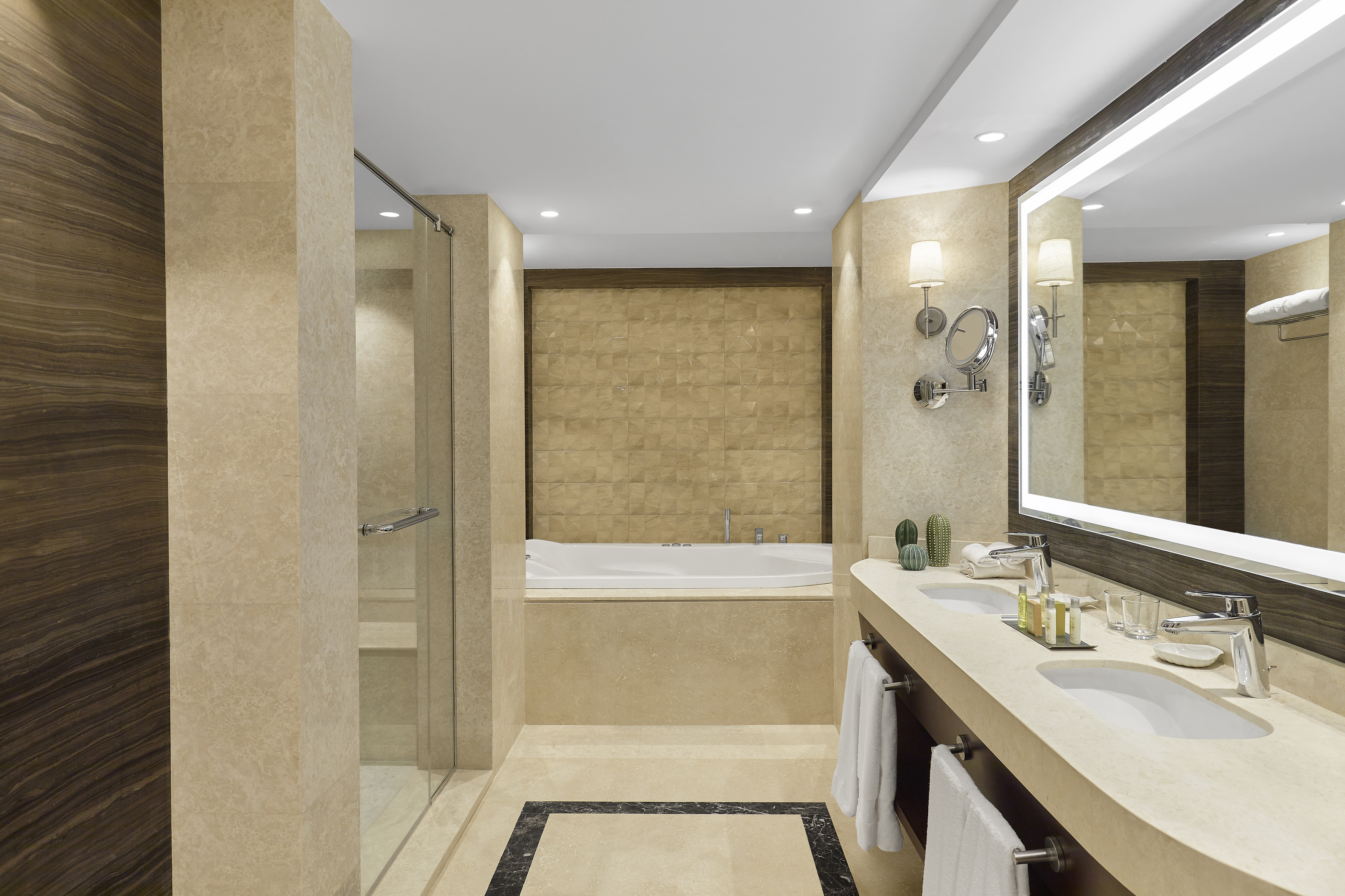 Suite Bathroom with Dual Vanity Area Bathtub and Separate Shower