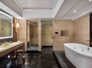 Diwan Bathroom Suite with Tub, Mirror, Shower, and Sinks