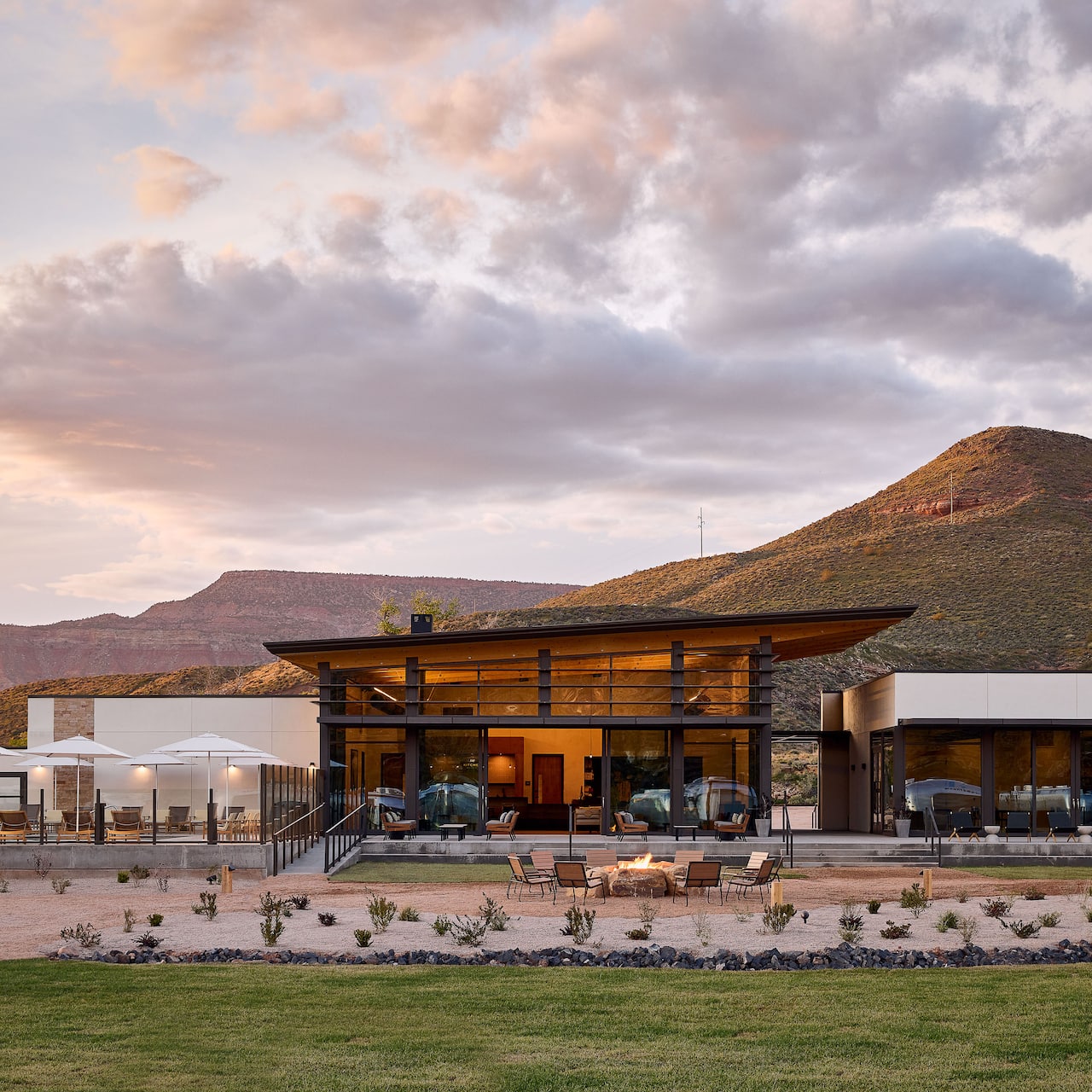 Clubhouse exterior with lawn in foreground