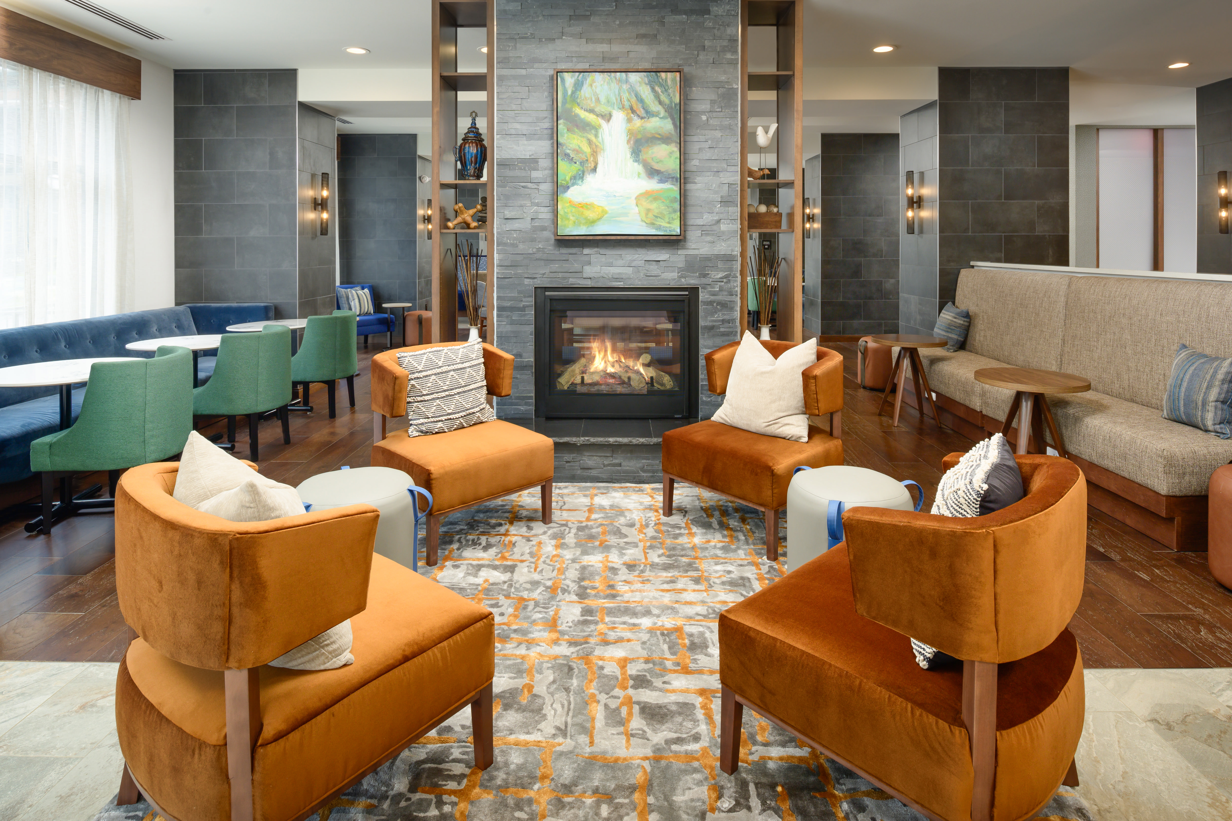 Lobby Seating Area with Sofa and Fireplace