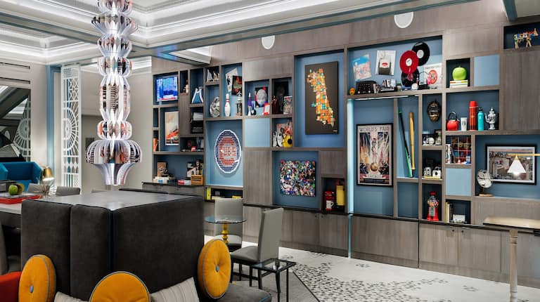 Lobby area with comfortable seating and selection of artwork on display