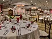 Spacious Ballroom Dining Table Setup with Round Tables and Chairs