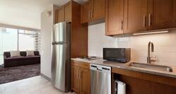 Kitchen area with microwave and fridge
