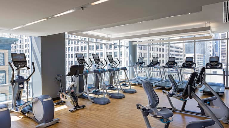 Treadmills and Exercise Bikes in a Fitness Center with Large Windows