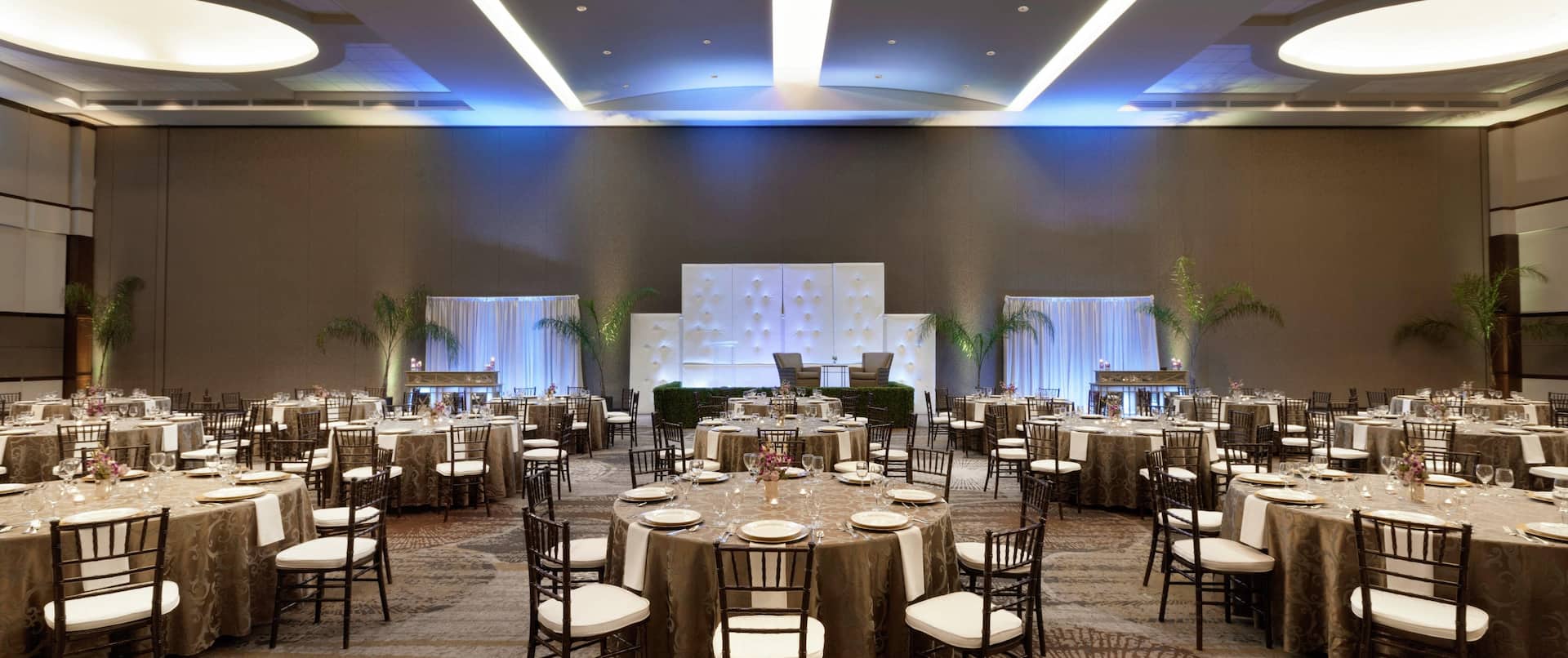 Event space set up in a ballroom style 