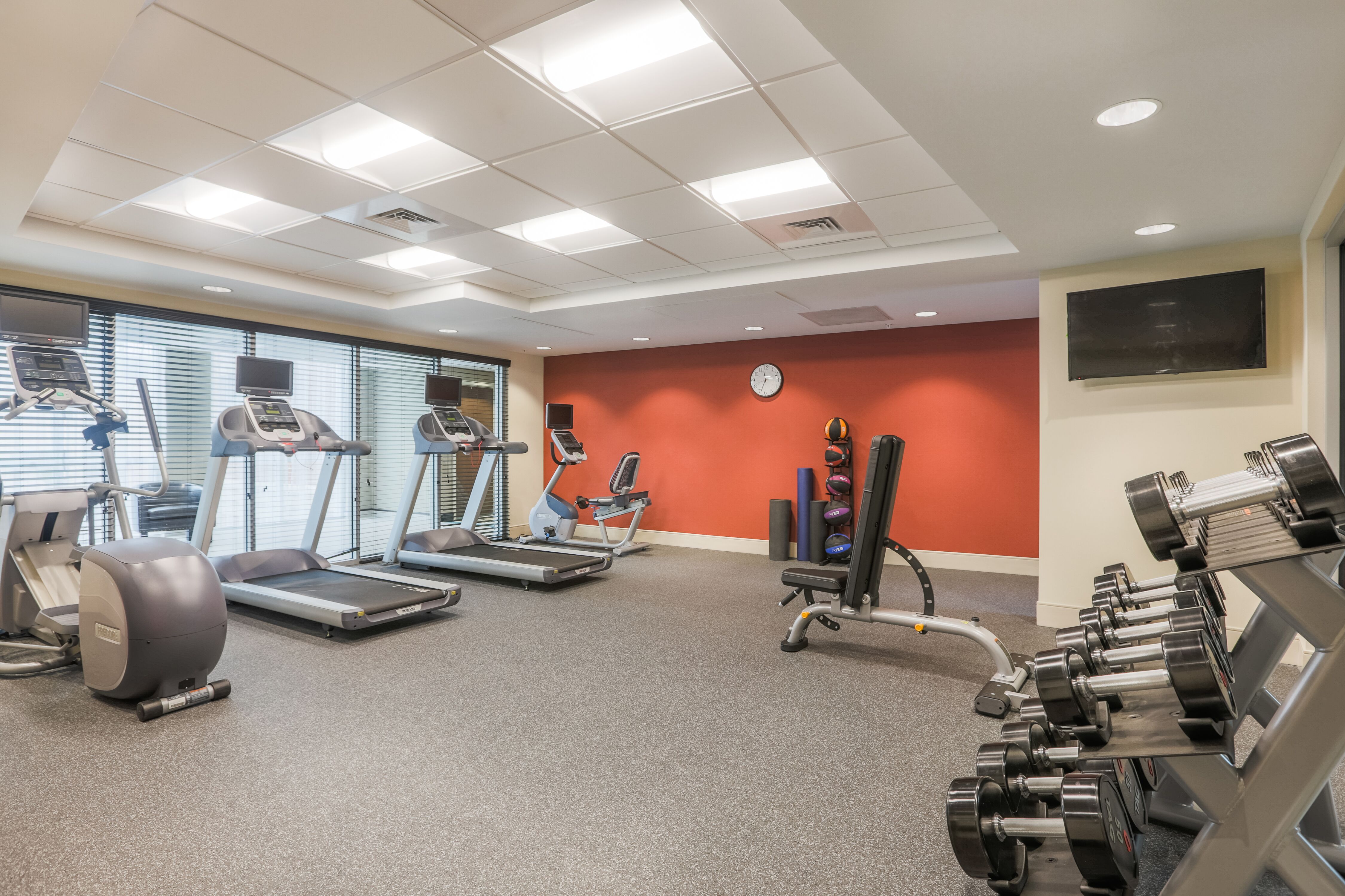 Fitness Center With Cardio Equipment, Weight Balls, Bench, TV and  Free Weights