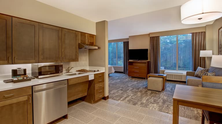 a guest room showing kitchen lounge area window and television