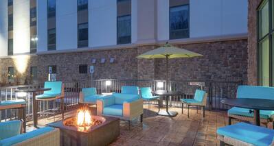 Outdoor Patio with Firepit at Night