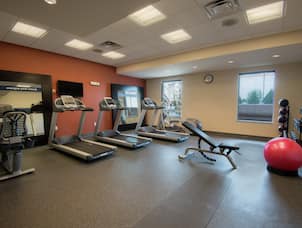 Fitness Center With Cardio Equipment, TV, Two Large Mirrors,  Weight Bench, Free Weights, Weight Balls, Free Weights and Red Exercise Ball