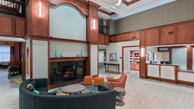 Lobby Seating by Fireplace and Front Desk