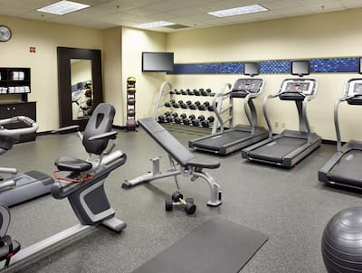 Fitness Center With Cardio Equipment, Exercise Ball, Weight Bench, Towel Station, Large Mirror ,Weight Balls, TV, and Free Weights