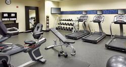 Fitness Center With Cardio Equipment, Exercise Ball, Weight Bench, Towel Station, Large Mirror ,Weight Balls, TV, and Free Weights