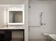 Bright accessible bathroom featuring convenient roll-in shower with seat and large vanity.