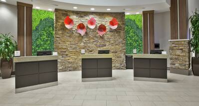 Colorful Art Features Behind Front Desk With Three Reception Stations