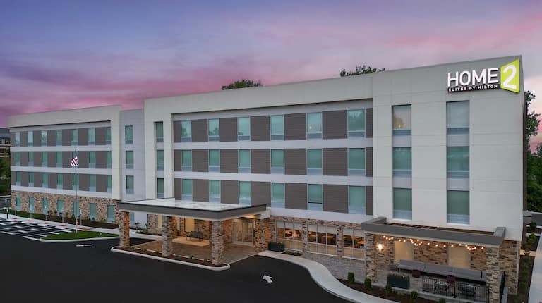 Hotel building exterior at dusk