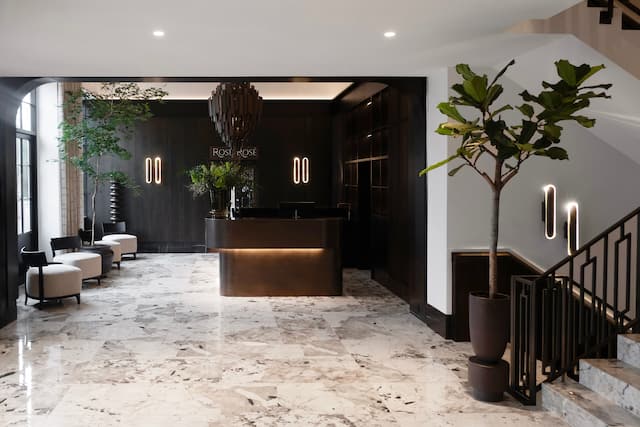 Réception avec sol, chaises et plantes en marbre