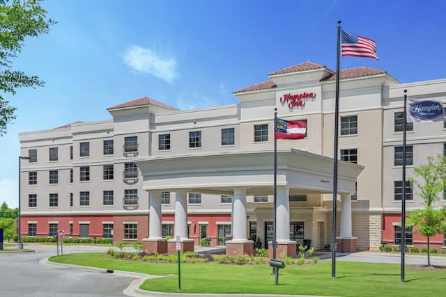 Hotel exterior with flags flying