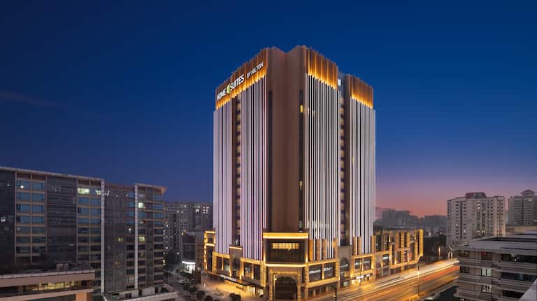 Exterior of hotel building at night