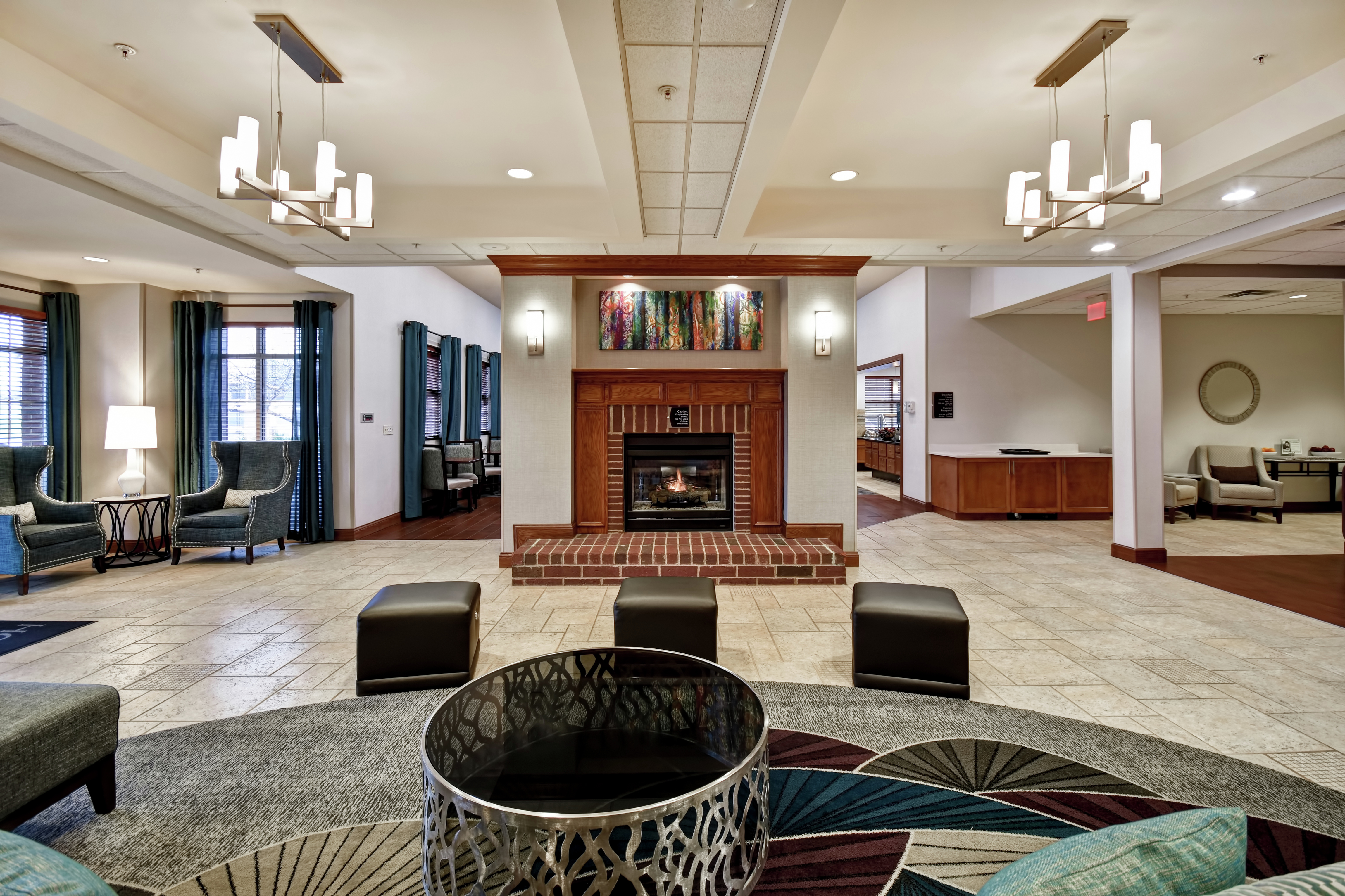 Spacious Lobby Seating and Fireplace Area
