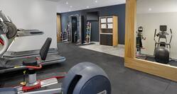 Large Mirror, Cardio Equipment, TOwel Station TV, Weight Balls, and Weight Machine in Fitness Suite