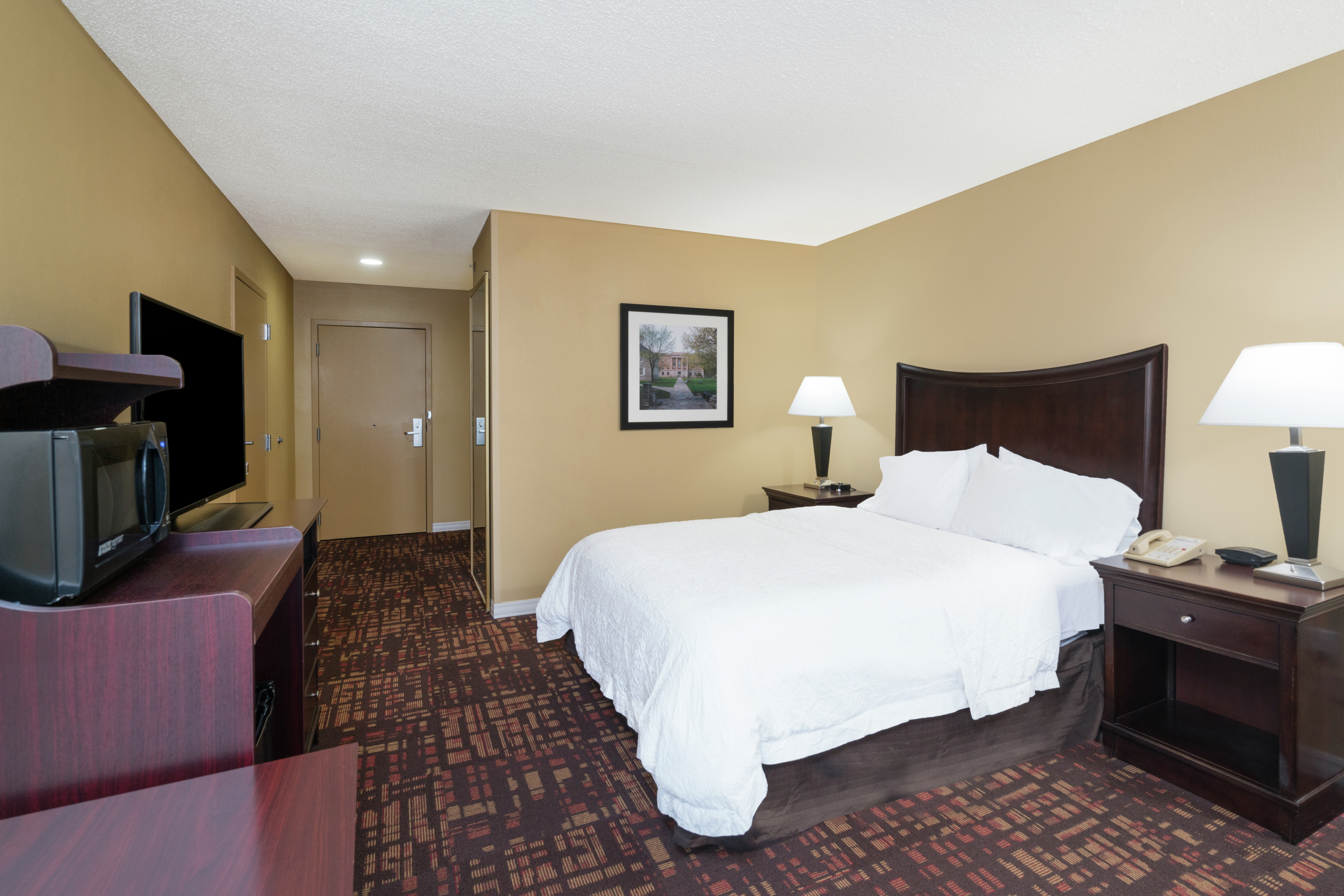 Queen Bed, Work Desk, Hospitality Center, TV, and Entry in Accessible Room