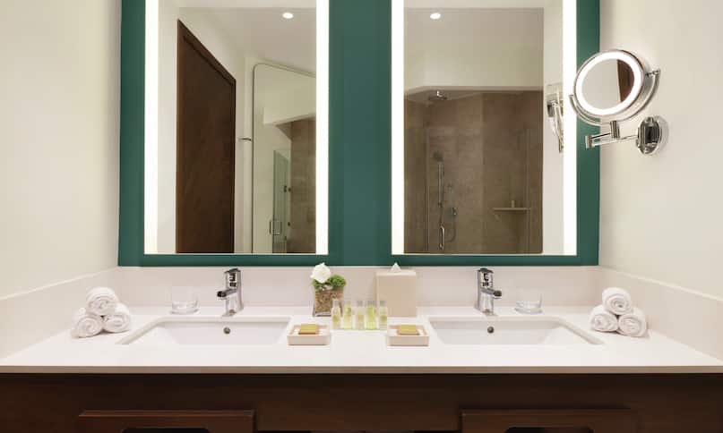 Bathroom with Dual Vanity Area and Lit Mirrors-previous-transition