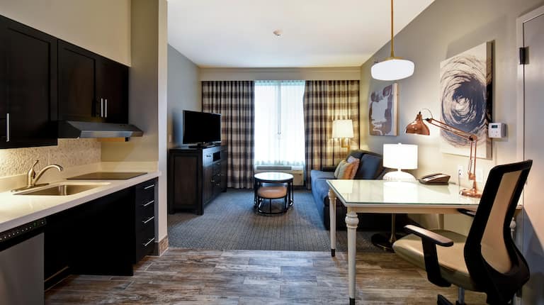 Kitchen and Living and Lounge Area with Work Desk and Modern Decor