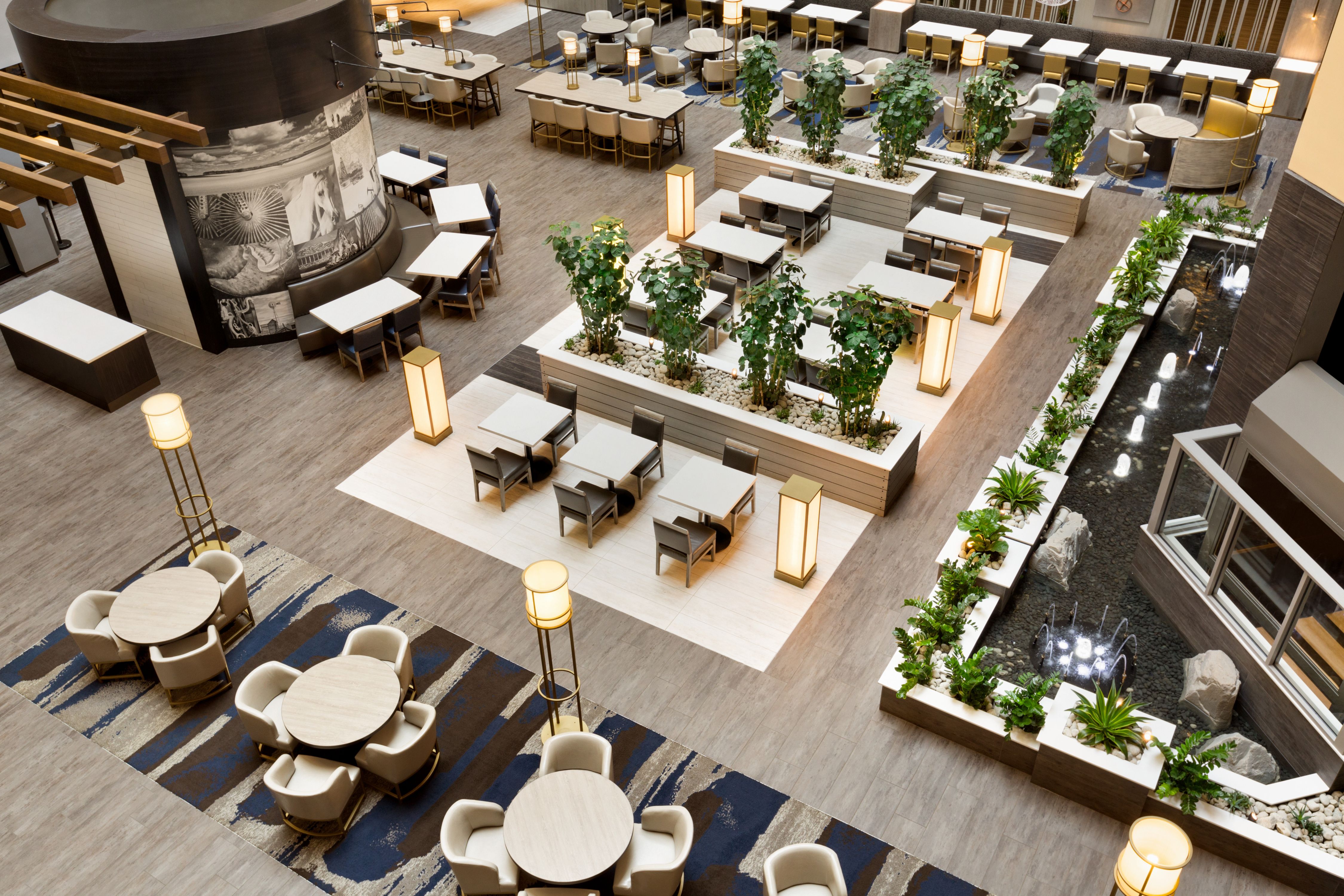 Ariel View of Lobby Atrium Seating Area with Seats and Tables