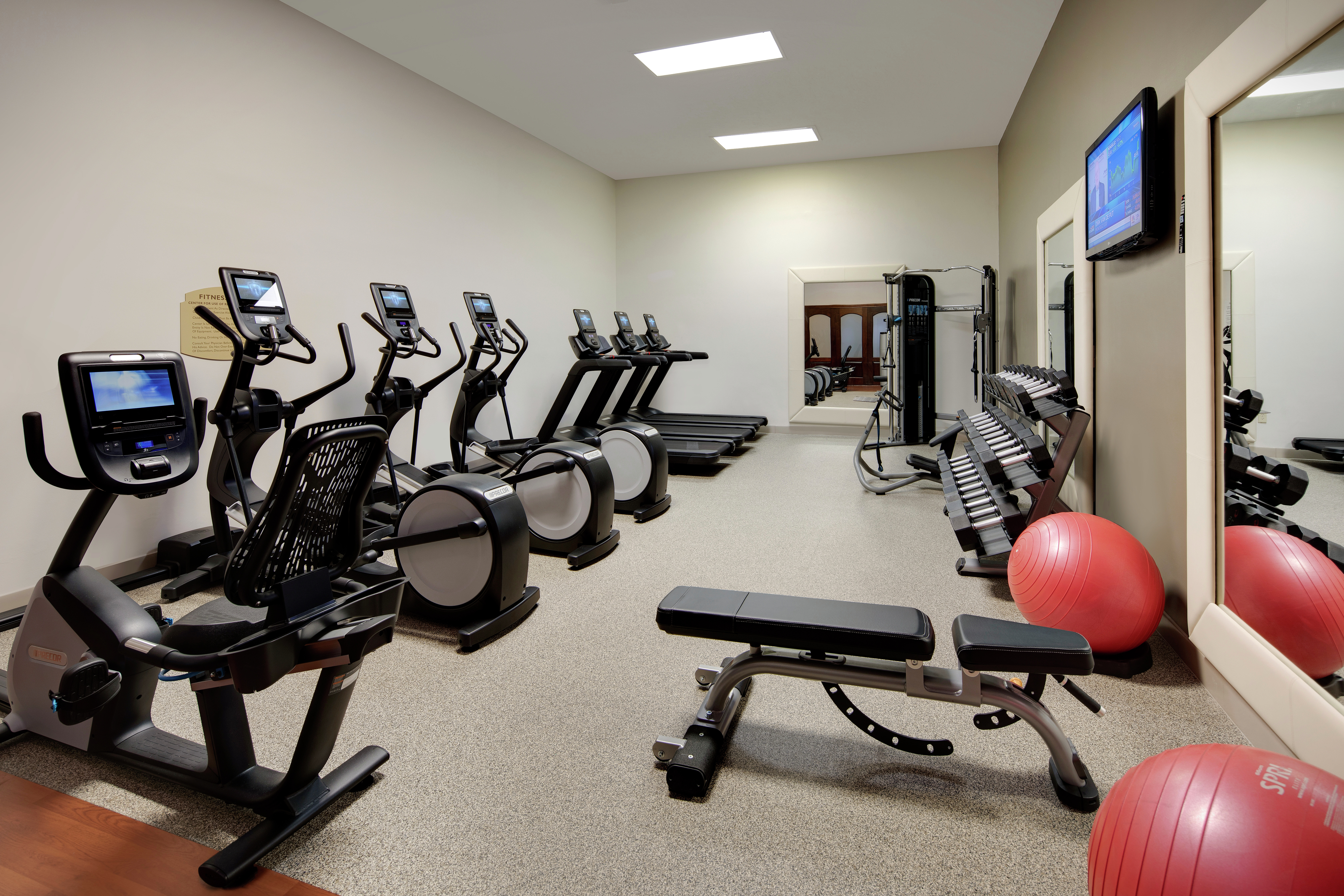 Fitness Center with Treadmills, Elliptical Machines, Medicine Balls, Mirrors, and Room Technology