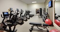 Fitness Center with Treadmills, Elliptical Machines, Medicine Balls, Mirrors, and Room Technology