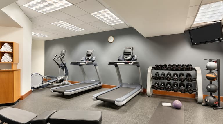 Fitness Center with Treadmills, Cross-Trainer, Dumbbell Rack and Weight Bench
