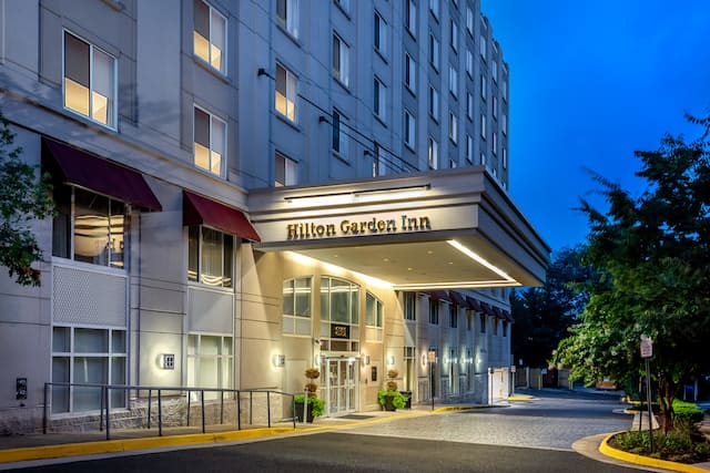 Hotel Building Exterior Entrance at Twilight