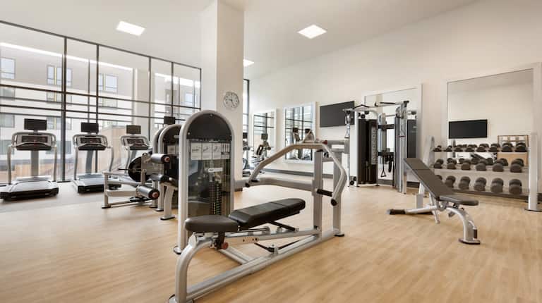 Fitness Center with Treadmills, Weight Machines and Dumbbell Rack