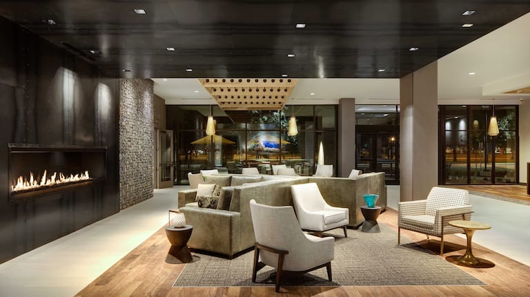 Lobby Area with Fireplace, Soft Seating and Windows