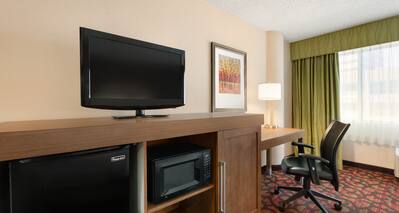 Guestroom with Work Desk, Television, Mini Fridge and MIcrowave