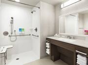 Spacious accessible bathroom featuring roll in shower with seat, mobile shower head, large vanity, and mirror.
