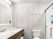 Spacious guestroom bathroom with stand up glass shower, large vanity, and mirror.
